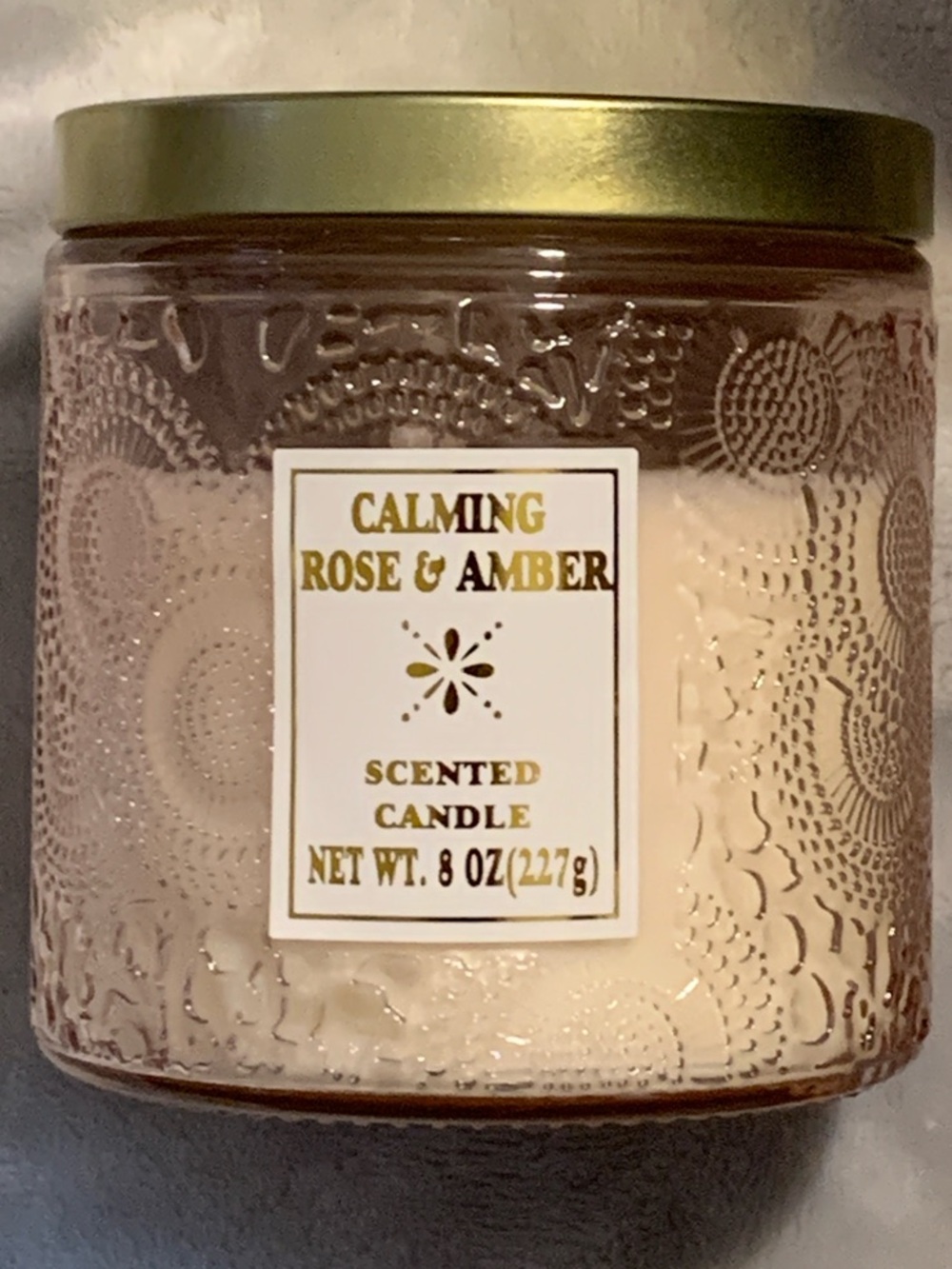Calming Rose & Amber Scented Candle - Glass Jar with Gold Tone Lid